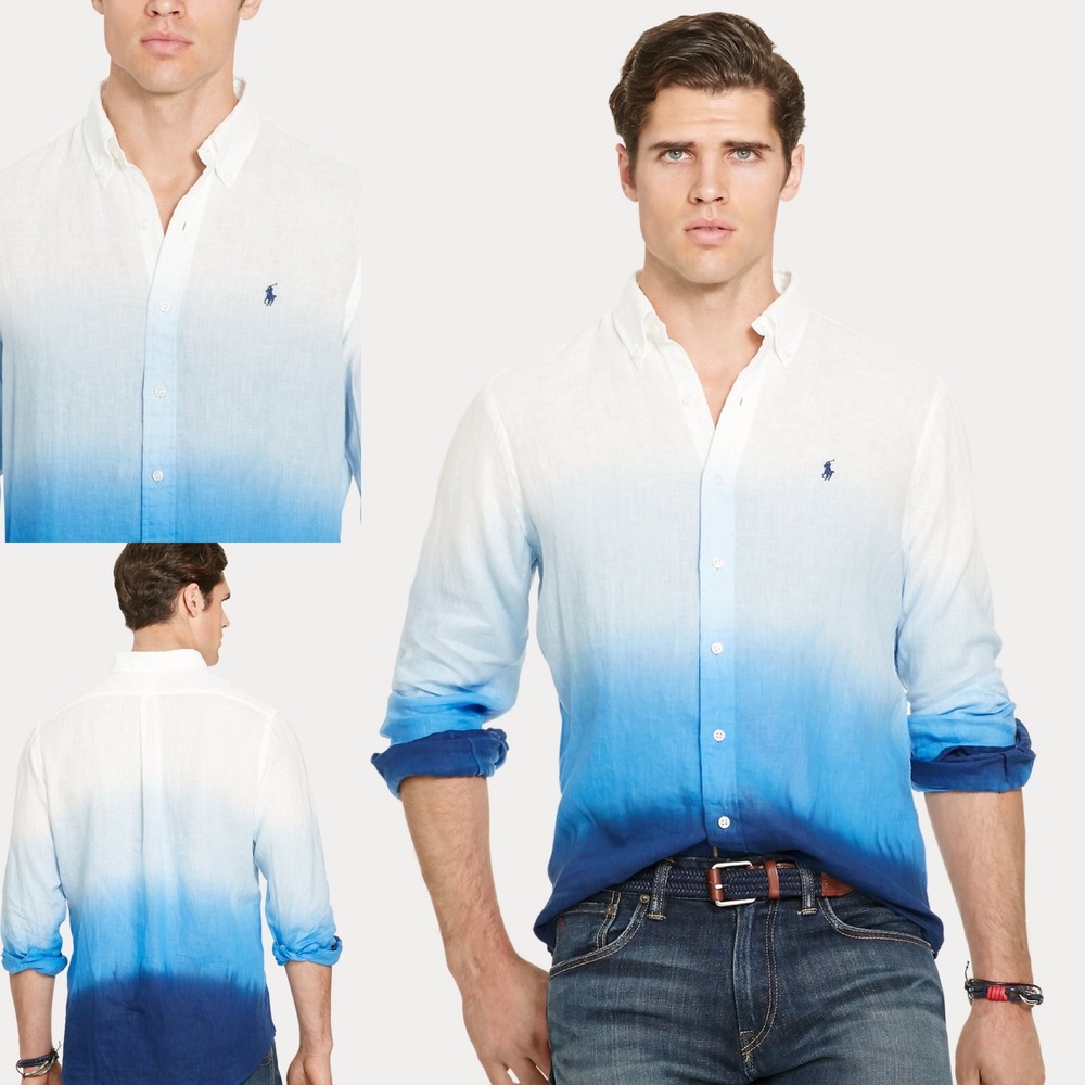 Polo Ralph Lauren Mens Medium Linen Ombre Dip Dye Shirt SoHo Blue Multi